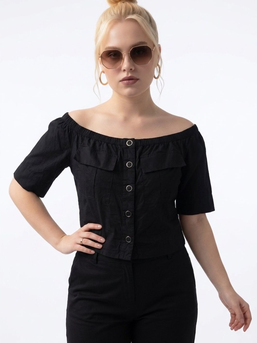 FREEāPEOPLE | Black Off the Sholder Snap Front Top Womenās Size Medium